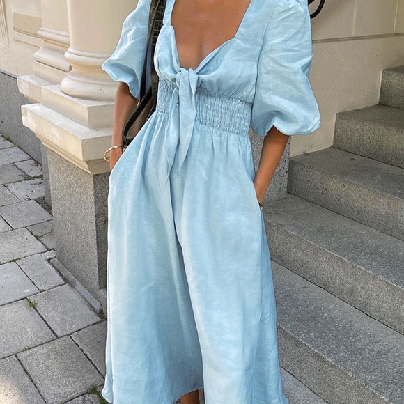 Commense Linen Cotton Front Tie Midi Dress - Picture 1 of 6